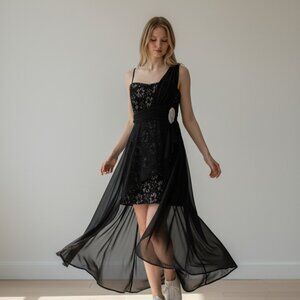 Vintage 90s Y2K Eureka Dress Black Lace Silver Train Size Large Whimsy Goth